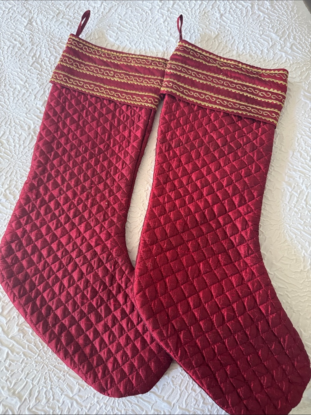 Quilted Red Holiday Stockings with Gold Trim - Pair